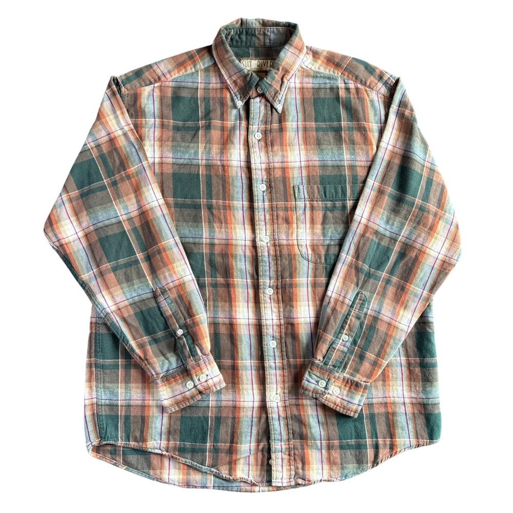 Sun River Mens Flannel Shirt Medium Green Orange Brown Plaid Cotton Button Down